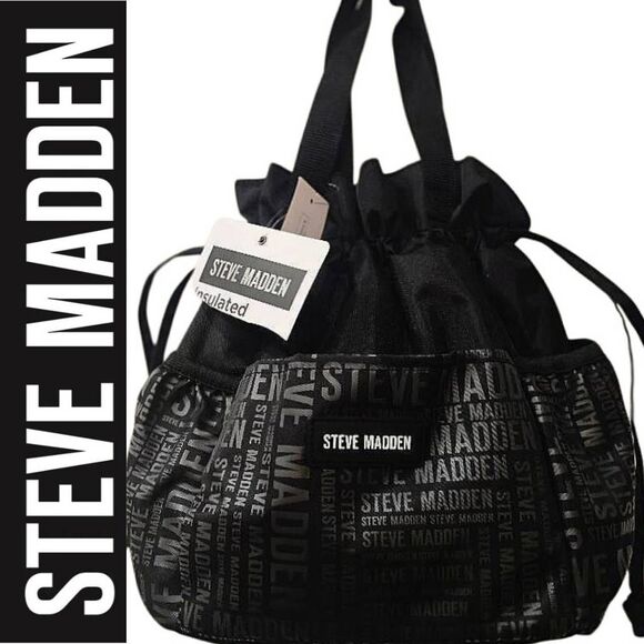 Steve Madden Handbags - Steve Madden Repeat Logo Drawstring Insulated Lunch Tote Bag- Black